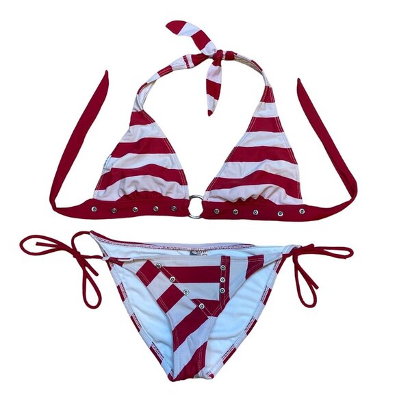 split Other - Y2K Red & White Striped Triangle Bikini Set With Tie Closures & Ring Detail By S